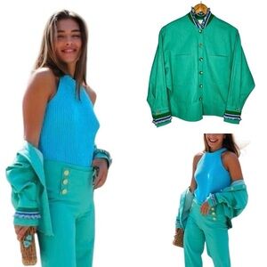 Koshka Paris Cotton Ruffled Metallic Seafoam Green Drop Shoulder Jacket. Medium